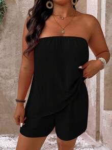 Breezaya 大码女式无肩带不对称上衣和短裤沙滩度假休闲两件套 - 黑色 - 查看 4