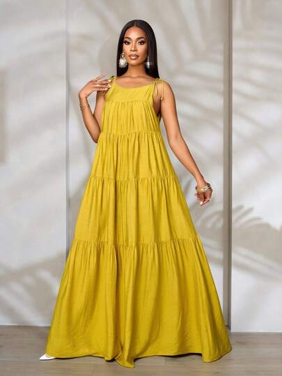 SOLERSUN Women's Stylish Romantic Beach Vacation Boho Style Cotton-Linen Like Tiered Maxi Dress For Women | Sleeveless Spaghetti Strap Flowy Long Dress For Vacation & Casual Wear Pleated Backless A-Line Dress For Summer Hawaii