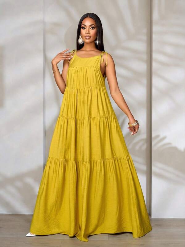 SOLERSUN Women's Stylish Romantic Beach Vacation Boho Style Like Tiered Maxi Dress For Women | Sleeveless Spaghetti Strap Flowy Long Dress For Vacation & Casual Wear Pleated Backless A-Line Dress For Summer Hawaii