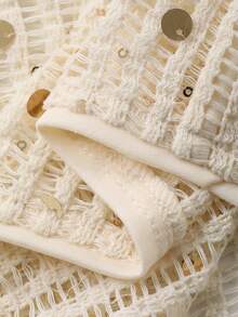 Livesso 女士休闲、假日、街头风闪亮亮片优雅新年、圣诞节、婚礼派对时尚镂空网纱薄款透明长袖露脐上衣，春夏秋季 - 米色 - 查看 13