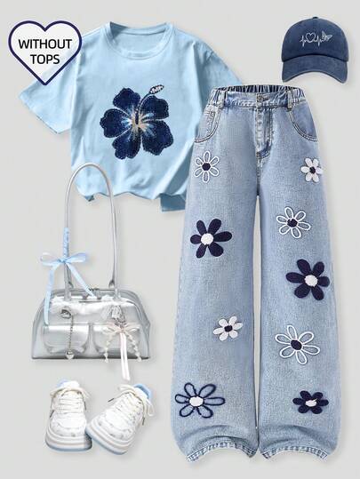 SHEIN ChillGRL Tween Girls Jeans - 2025 Autumn/Winter New Arrival. Fashionable Wide Leg Jeans With Cute Heart Embroidery, Vintage Distressed Denim, Y2K Collegiate Style, Casual, Adorable, Retro. Heart Embroidery, Ripped Details, Comfortable Cotton Denim, Blue Jeans For All Seasons, Stylish And Wide Leg Jeans For Girls Tween Jean Pants Embroidery Full Outfits For 11 To 12 Year Old With Plant Pants With Butterflies And Flowers