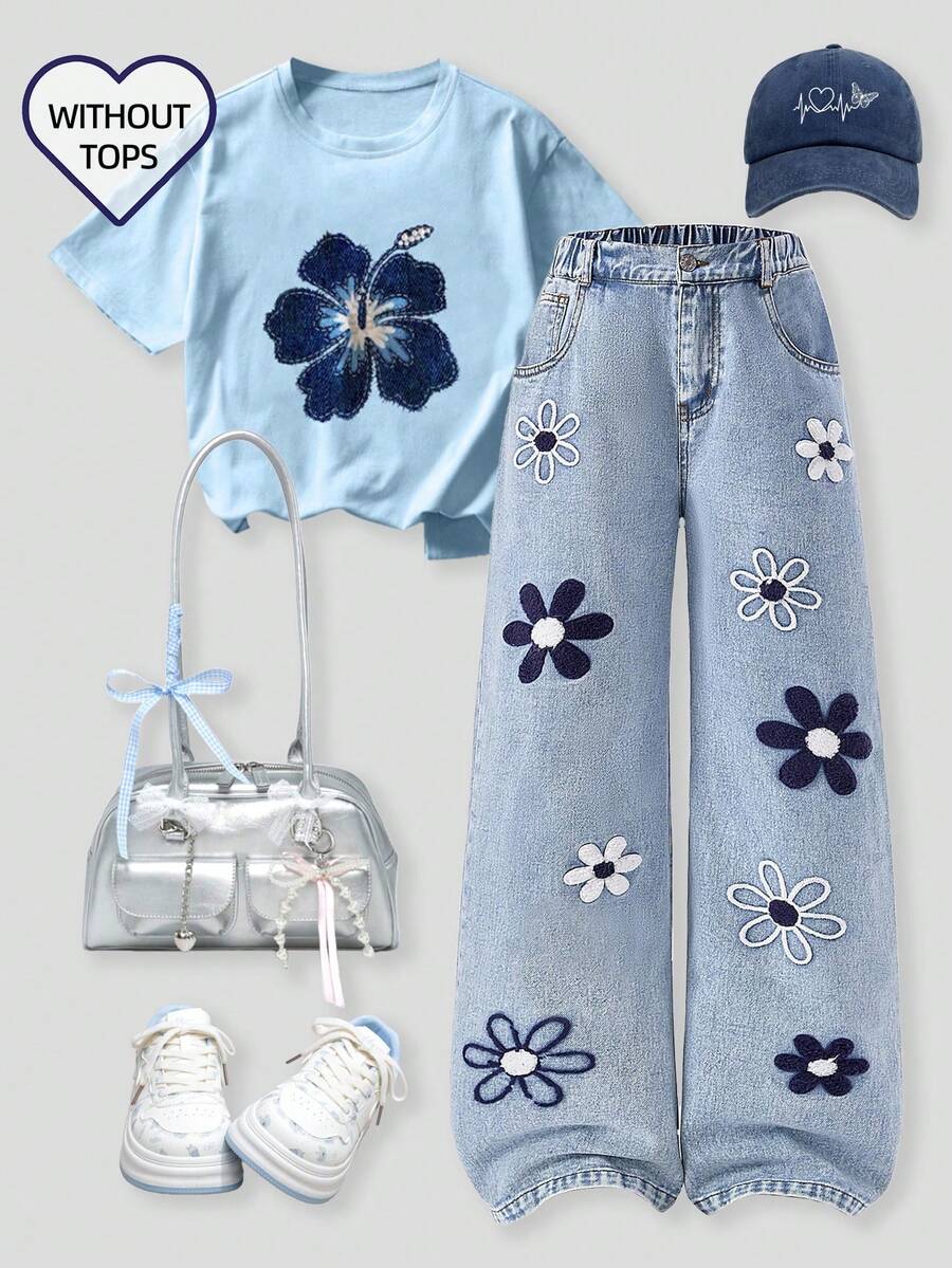 SHEIN ChillGRL Tween Girl Jeans - 2025 Autumn/Winter New Arrival. Fashionable Wide Leg Jeans With Cute Heart Embroidery, Vintage Distressed Denim, Y2K Collegiate Style, Casual, Adorable, Retro. Heart Embroidery, Ripped Details, Comfortable Cotton Denim, Blue Jeans For All Seasons, Stylish And Wide Leg Jeans Jean Pants Embroidery Full For 11 To 12 Year Old With Plant Pants With Flowers - Blue - View 1