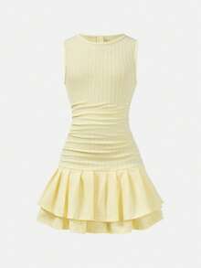 SHEIN Tween Girls' Elegant Casual Solid Yellow Textured Knit Fabric Crew Neck Sleeveless Side Ruched Mini Dress - Yellow - View 2