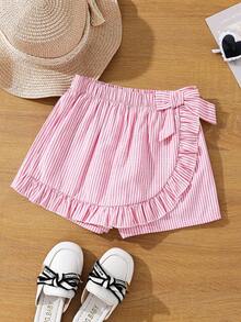 SHEIN Young Girl Woven Solid Striped Casual Shorts - Pink - View 4