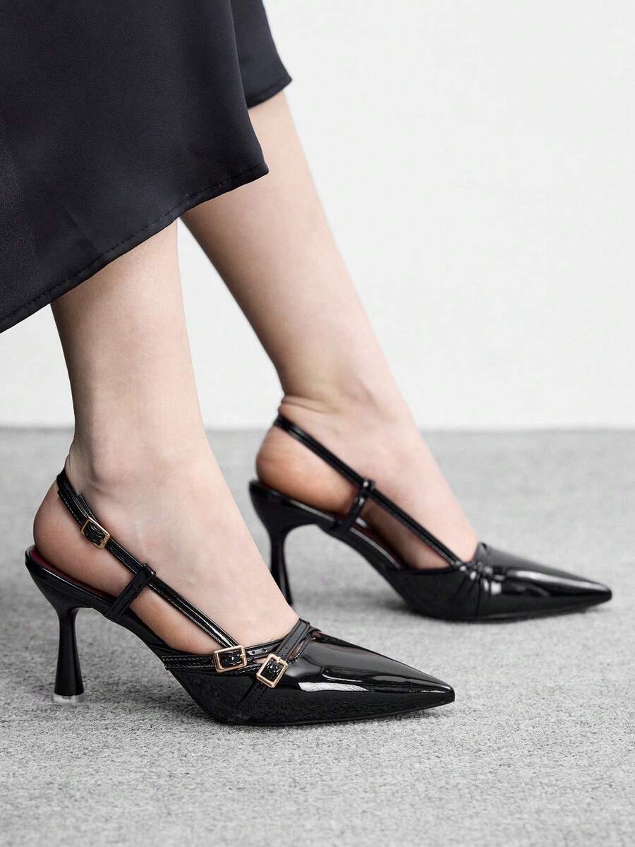 CUCCOO BIZCHIC 女鞋尖头细高跟黑色交叉绑带时尚简约基础款日常百搭通勤上班购物女鞋高跟鞋增高后系带鞋女鞋 - 黑色 - 查看 1