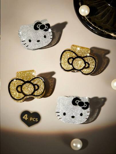 HELLO KITTY AND FRIENDS | SHEIN 4个装可爱卡通闪光迷你发夹，适合夹刘海或整理碎发，猫咪和蝴蝶结图案