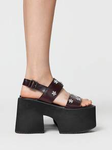 ROMWE Grunge Punk 女士朋克风 Y2K 性感优雅坡跟厚底凉鞋，哥特复古双带花卉水晶扣，罗马角斗士粗跟，弹性踝带，露趾，派对、夜总会、节日舒适女鞋。 - 棕色 - 查看 4