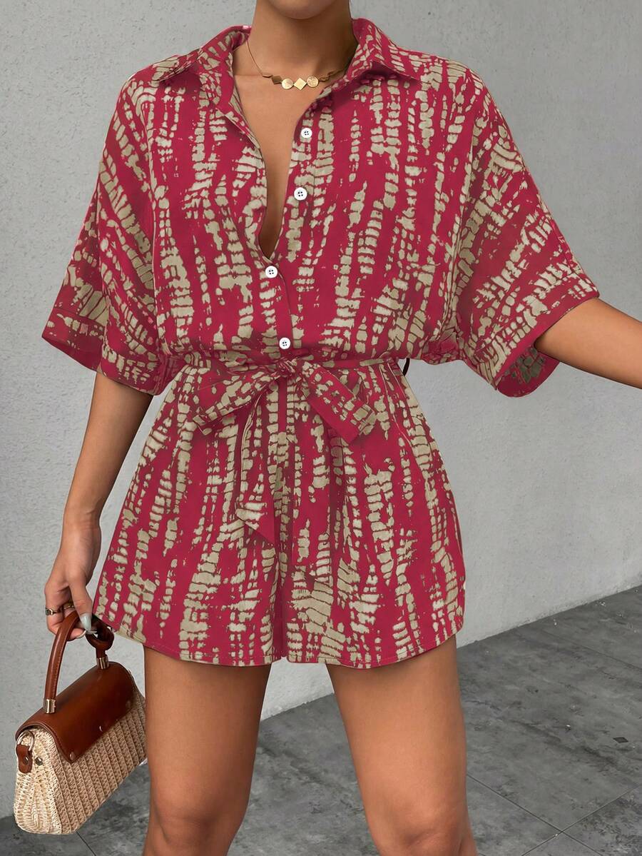 SHEIN Unity 印花蝙蝠袖系带连体裤(女款) - 彩色 - 查看 1