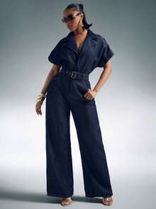 Denimoi Wide Leg Short Sleeve Collared Denim Jumpsuit Fashionable Denim Brunch Outfits Wide Leg Denim - Dark Wash - View 1