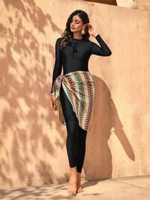 Swim Mulvari Conjunto burkini de top de manga larga con cremallera y pantalones largos de unicolor con falda, adecuado para vacaciones en la playa - Negro - Ver 3