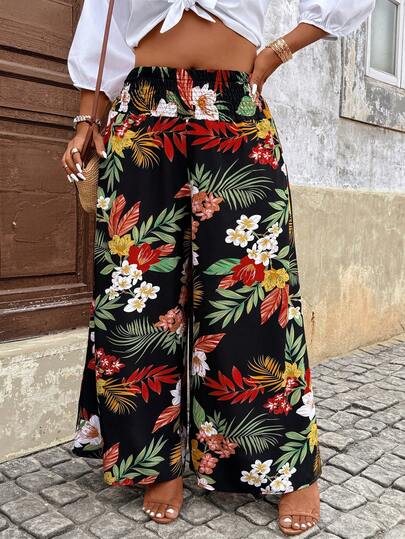 Breezaya Plus Size Women Coconut Leaf Floral Waist Cinched Casual Wide Leg Pants, Suitable For Spring And Summer