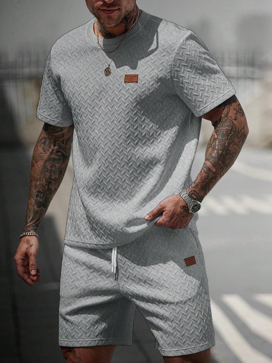 Manfinity CasualCool Men's V-Neck Ribbed T-Shirt + Drawstring Shorts Set - Grey - View 1