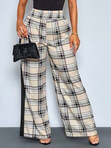SOLERSUN Women's Spring Summer Casual Elegant Old Money Contrast Color Tartan Plaid Print Wide Leg Pants, Suitable For Vacation, Business, Office, Commute, Daily Wear - Black - View 5
