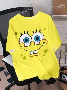 SpongeBob SquarePants | SHEIN Men's Casual Cartoon Print Round Neck Short Sleeve T-Shirt, Versatile For Daily Wear - White - View 3