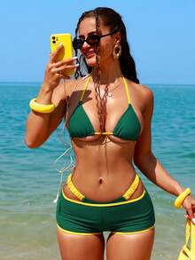 Swim SXY 3件套性感比基尼套装，迷你罩杯文胸+巴西式三角裤+短裤3件套，性感撞色巴西式3件套比基尼套装，大码比基尼，大码泳装，两件套牙买加泳装，牙买加女士服装，大码保守比基尼 - 綠色 - 查看 1