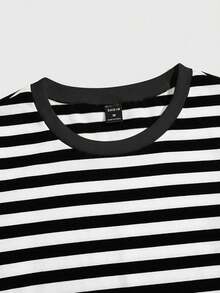 SWAVVY Casual White And Black Striped Drop Shoulder Long Sleeve T-Shirt For Men Knitted Fabric Round Neck Men Striped T Shirt Striped Shirts Striped Long Sleeve Mens Long Sleeve - White - View 3