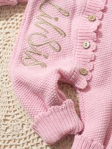 SHEIN 两件套“小妹妹”刺绣新生女婴摄影服，针织连体衣，配蝴蝶结发带，纽扣设计，适合拍照，宝宝回家服 - 粉色 - 查看 6