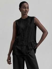 Ontre Women's Solid Color Round Neck Sleeveless Linen Shirt, Shell Button Asymmetric Design, Suitable For Urban Commute, Office, Business Casual, Elegant Ladies Formal Blouse, Spring/Summer - Black - View 4