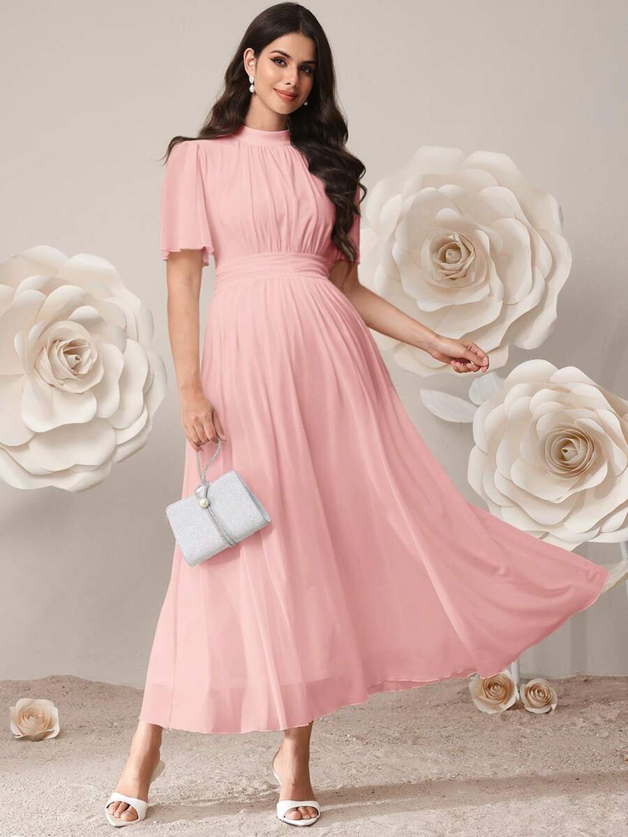 SHEIN 孕妇纯色立领短袖收腰优雅夏季连衣裙 - 淺粉色 - 查看 1