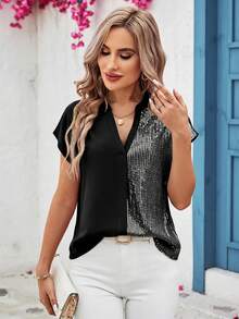 SHEIN Clasi 女士V领亮片拼接休闲百搭日常衬衫 - 銀色 - 查看 3