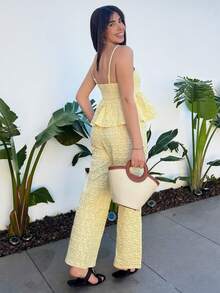 Hitanina 2件套女士优雅提花吊带背心和裤子套装，夏季 - 黃色 - 查看 5