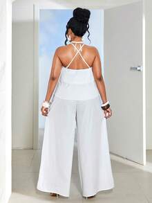 Maweii Große Größen minimalistischer weißer Zweifach-Rüschen-Saum Kreuz-Rücken Trägerhemd und bequeme weite Hose 2 Stücke Set, weißer Anzug, elegantes Outfit für Mollige, Rüschen-Saum, geeignet für Ausflüge, Alltag, Partys, Einkaufen Urlaubsoutfit für Frauen, Braut, Abschluss, Damen Sommer 2 Stücke Set, Damen Sommer Co-Ord, Damen Casual 2 Stücke Outfit, Damen Casual Outfit Sets, Damen 2 Stücke Outfit Casual - Weiss - Übersicht 2