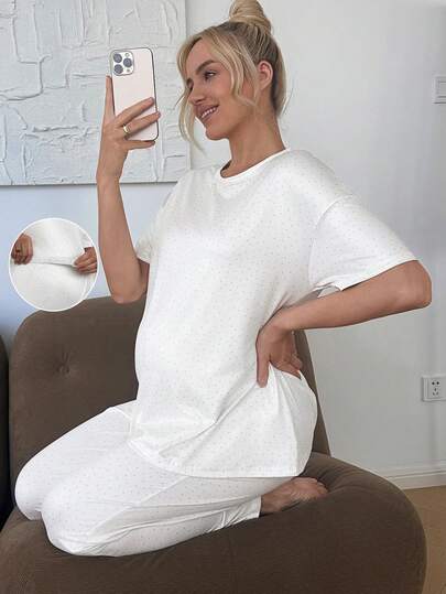 SHEIN 2件套孕妇休闲波点印花圆领落肩上衣和裤子套装，夏季