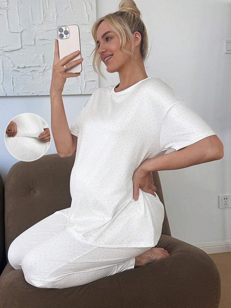 SHEIN 2件套孕妇休闲波点印花圆领落肩上衣和裤子套装，夏季 - 彩色 - 查看 1