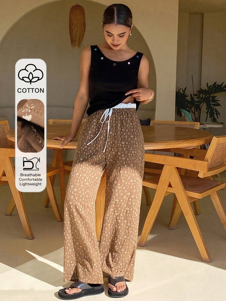 DAZY Colorful Button Decor Camisole Top & Ditsy Floral Pajama Pants Women Sleepwear Set - Black - View 1