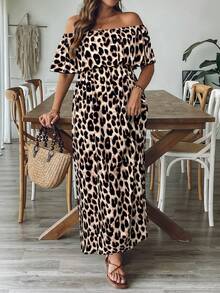 SHEIN VCAY Plus Size Women's Leopard Print Off Shoulder Ruffle Waist A-Line Maxi Dress With Side Slit, Tropical Romantic Casual Western Maxi Dress - Apricot - View 4