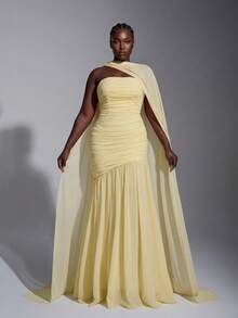 Elitara 大码优雅奶油黄雪纺露背连衣裙（亮片可拆卸），胸前荷叶边，网纱鱼尾裙摆，适合情人节、约会、度假、婚礼、伴娘等场合 - 黃色 - 查看 6