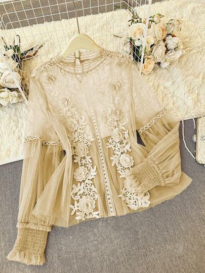 Lacomfia Women's Lace Trim Long Sleeve Loose Romantic Elegant Plus Size Blouse