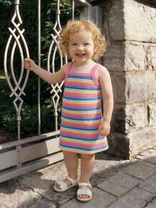 SHEIN Baby Girls Rainbow Striped Elastic Cute Sleeveless Dress, Spring/Summer - Pink - View 9