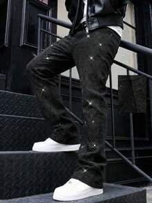 ROMWE MEN Men's Fashion Commuter Rhinestone Embellished Flared Jeans - Black - View 3