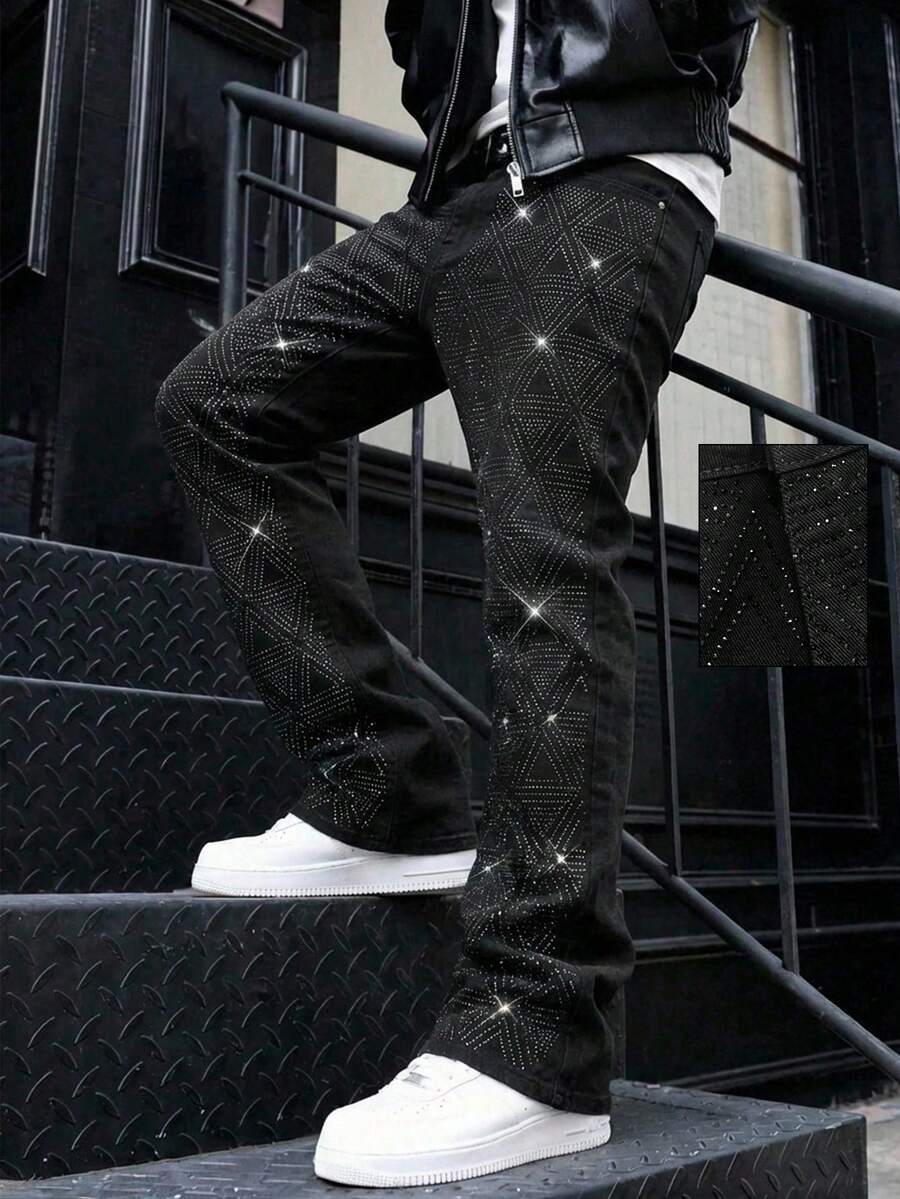 ROMWE MEN Jeans acampanados con adornos de rhinestones de moda para hombres - Negro - Ver 1