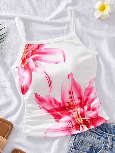 1pc Girls' Sweet Floral Print Spaghetti Strap Tank Top, Featuring Clear Lily Flower Pattern, Sleeveless Fitted Style, Suitable For Casual, Summer Travel, Vacation Wear, Spring/Summer Season