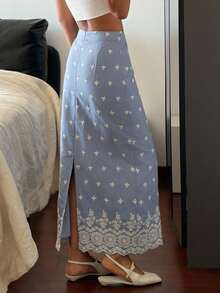 DAZY Falda de línea A con bordado y calado para vacaciones de verano de mujer - Azul - Ver 2