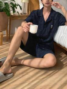 DAZY 男士夏季口袋设计短袖衬衫和短裤睡衣套装 - 藏蓝色 - 查看 3