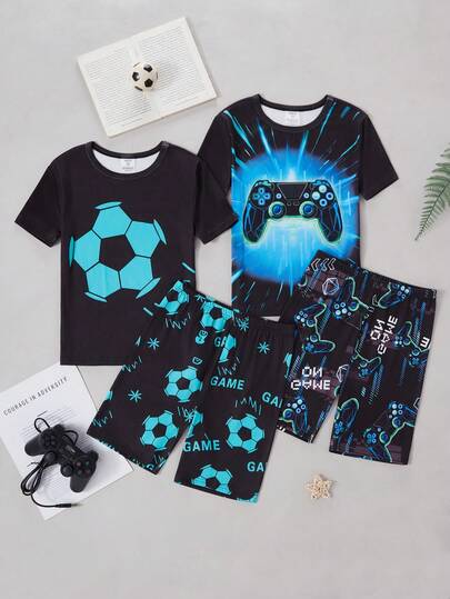 Boys' New Minimalist Video Game & Football Glow-In-The-Dark Snug Fit Comfortable Casual 4-Piece Home Outfit, Spring/Summer