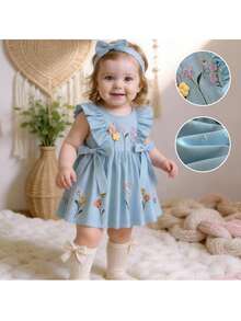 Loomiva Vestido de manga corta con cuello redondo y estampado gráfico para bebé niña - Neblina azul - Ver 8