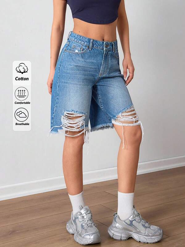 SHEIN Pantaloni scurți din denim casual largi pentru femei, cu talie înaltă, cu buzunare, stil uzat, tiv zdrențuit