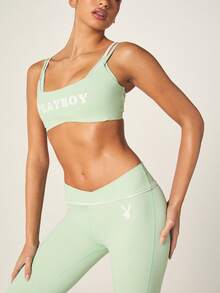 Missguided x Playboy Sage Green Ribbed Scoop Neck Sports Bra And High Waisted Leggings Set With Logo Print Two Piece Athletic Matching Co-Ord Set - Green - View 3