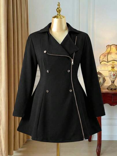 Rometta Chaqueta de commuter con acentos con cremallera de metal de doble botonadura para mujer de talla grande