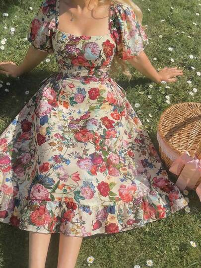 SHEIN MOD Plus Size Women Floral Print Square Neck Puff Sleeve Tie Waist Midi Dress,Beige Polyester Floral Print Puff Sleeve Midi Dress Square Neck Lace Up Waist A Line Silhouette Romantic Style Spring Summer Garden Outdoor Casual Daywear Lightweight Woven Fabric