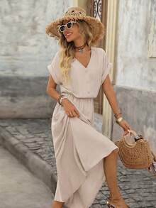 Brillora V领半开襟纹理面料女士宽松短袖连衣裙，适合户外度假，春夏皆宜 - 杏色 - 查看 5