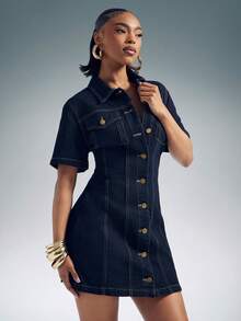 Denimoi Women's Turndown Collar Single-Breasted Front Closure Fashionable Versatile Vacation Short Sleeve Denim Dress - Dark Wash - View 4
