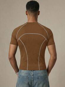 SWAVVY Áo thun ngắn tay nam dáng ôm, họa tiết trang trí, thích hợp mặc hàng ngày vào mùa xuân/hè. - màu nâu - Xem 2