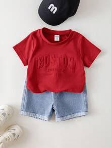 SHEIN 2pcs Baby Boy Summer Casual Letter Print T-Shirt And Light Blue   Shorts Set - Red - View 11
