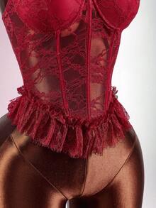Amplova Women's Lace Top With Sexy Waist Sheer Panel, Built-In Padded Bra And Shapewear, Suitable For Valentine's Day, Dates, New Year Sexy Red Top - Burgundy - View 6