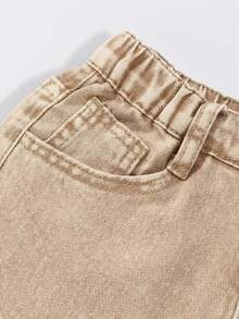 SHEIN Tween Girl Y2K Street Daily Elastic Waist Straight Jeans With Flat Pockets, Daily OOTD Baggy Jeans Khaki Jeans Wide Leg Jeans - Khaki - View 3